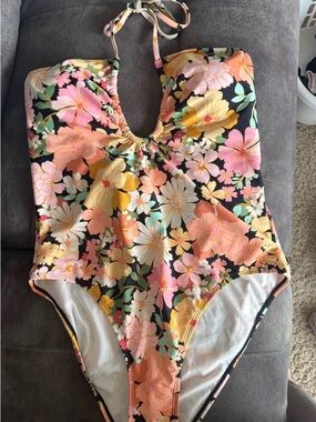 Floral One-Piece Swimwear in Black with Pastel Blooms